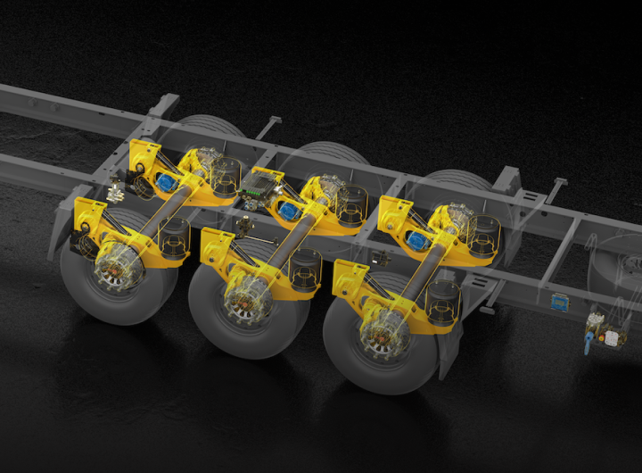 Trailer chassis with SAF-HOLLAND suspension and axle systems, featuring highlighted components.