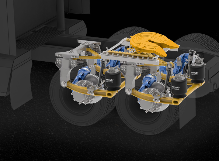 Illustration of SAF-HOLLAND axle and suspension system for trucks with fifth wheel coupling.