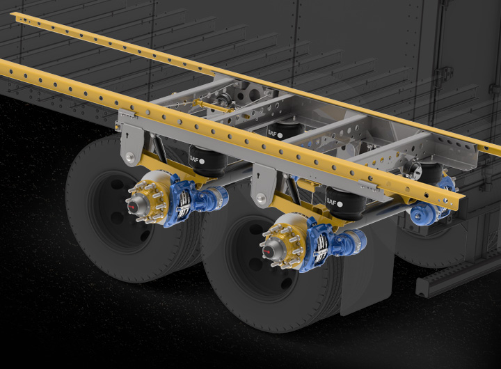 Trailer chassis with visible SAF-HOLLAND axle and suspension systems.