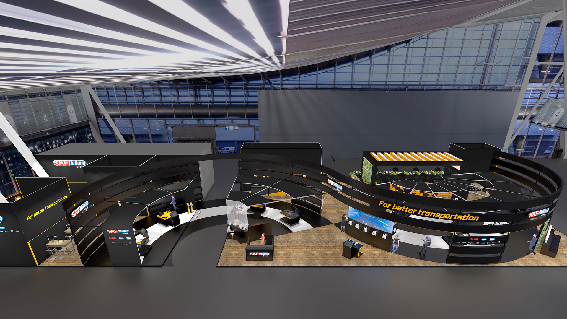 SAF-HOLLAND trade show booth with black curved walls and "For better transportation" slogan.