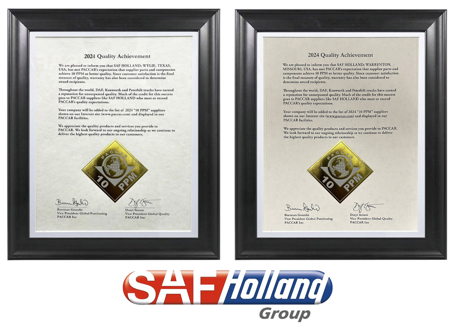 PACCAR Quality Award Certificate